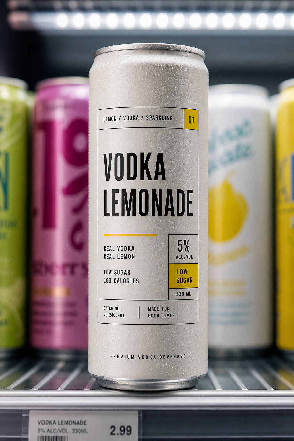 VL-01 Vodka Lemonade can in a chilled retail fridge