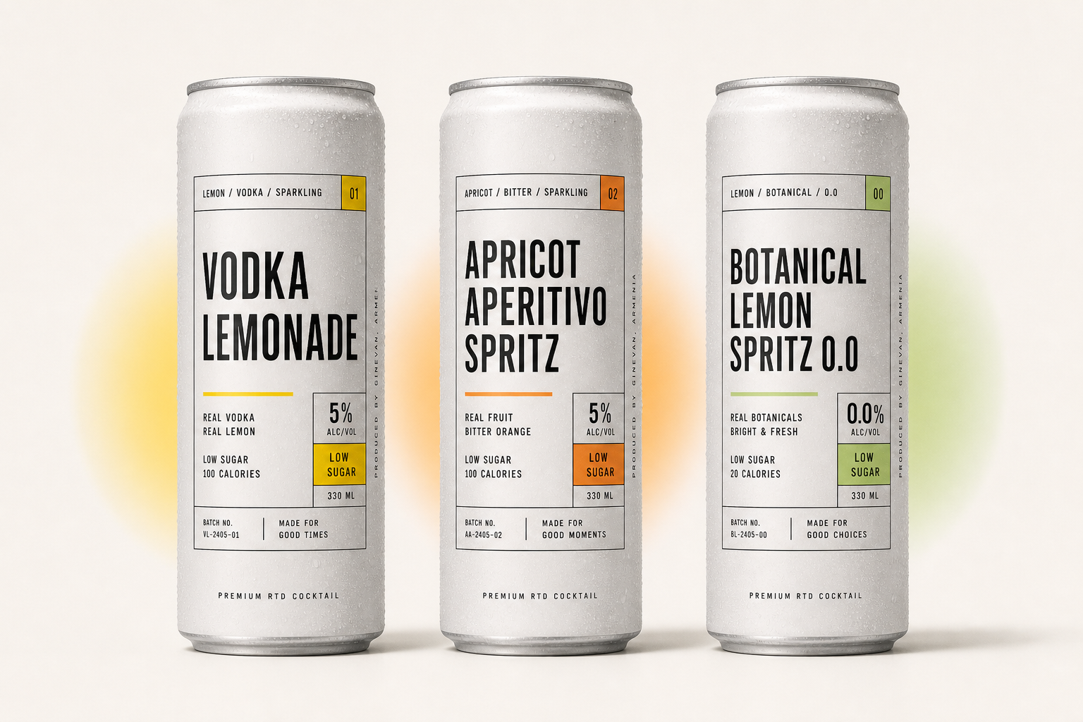 Three VL-01 can concepts: Vodka Lemonade, Apricot Aperitivo Spritz, and Botanical Lemon Spritz 0.0